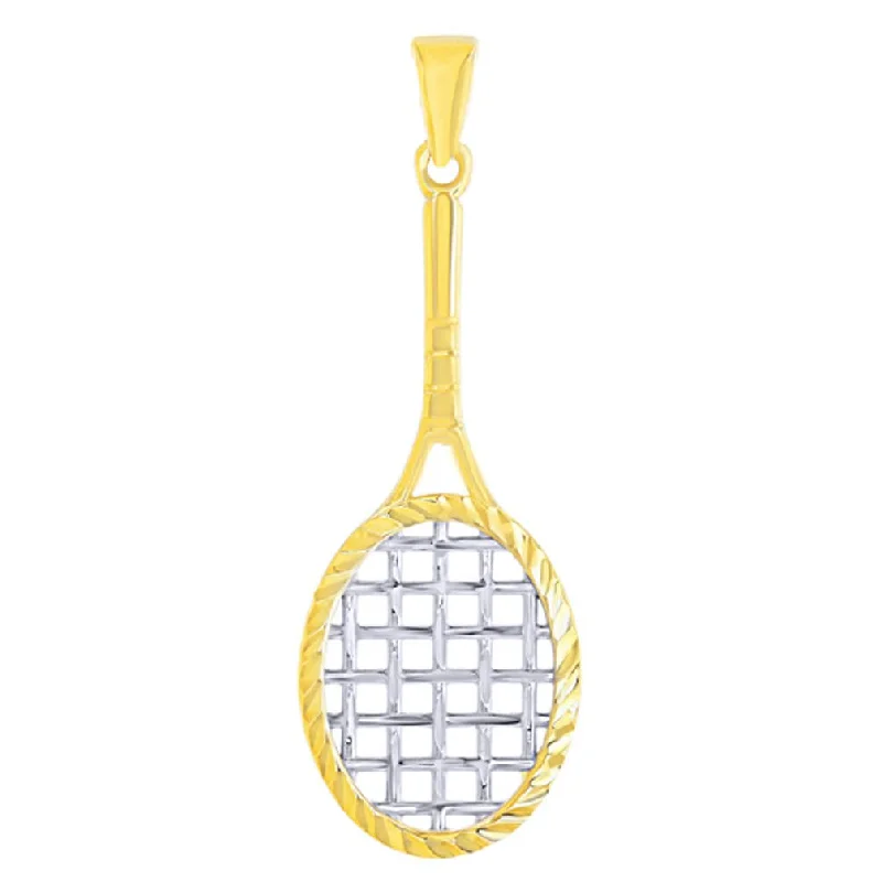 14K Yellow Gold Textured Tennis Racquet Charm Sports Pendant