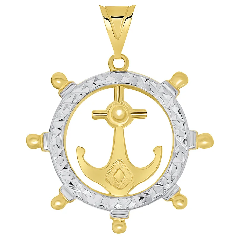 14k Yellow Gold Textured Two Tone Anchor Inside Ships Wheel Pendant