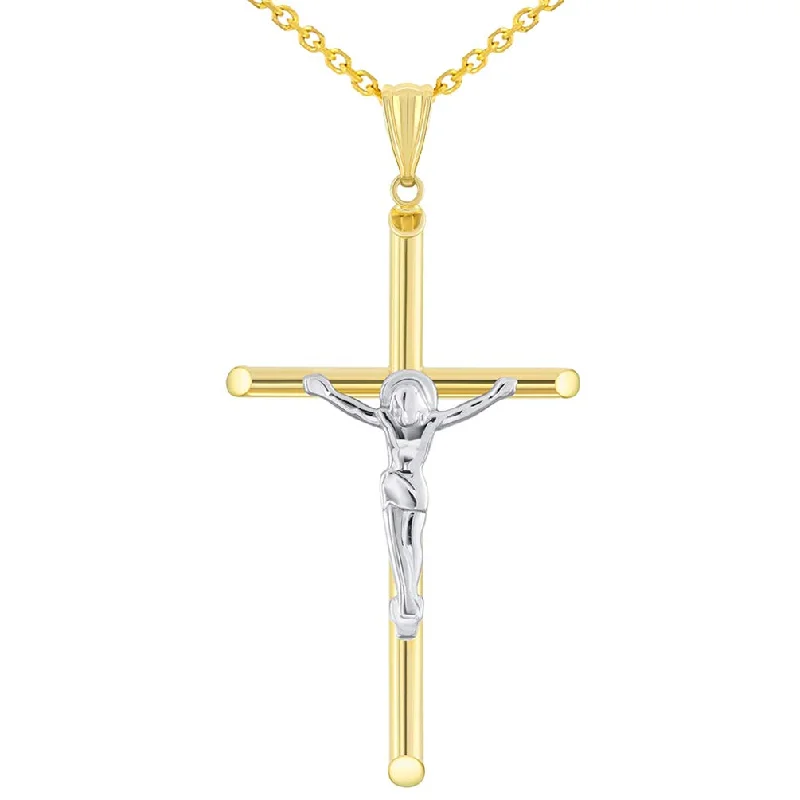 14k Yellow Gold Tubular Crucifix Two-Tone Cross Pendant Necklace