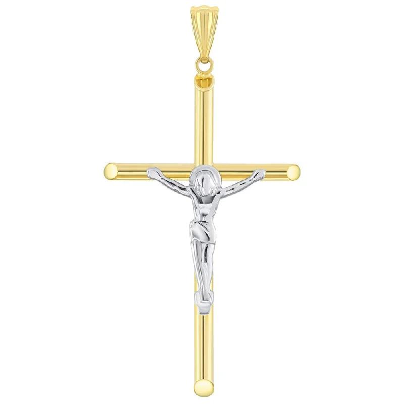 14k Yellow Gold Tubular Crucifix Two-Tone Cross Pendant