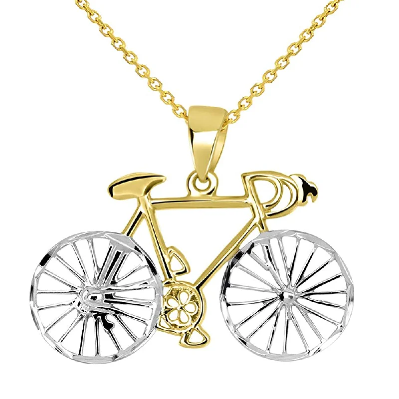 14k Yellow Gold Two-Tone Bicycle Bike with Textured Wheels Pendant Necklace