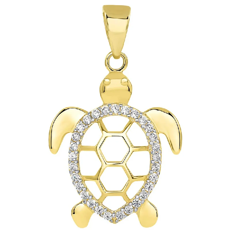 14k Yellow Gold CZ Open Shell Sea Turtle Good Luck Pendant