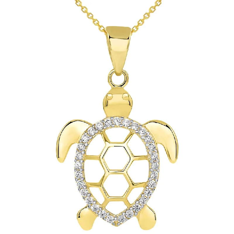 14k Yellow Gold CZ Open Shell Sea Turtle Good Luck Pendant Necklace