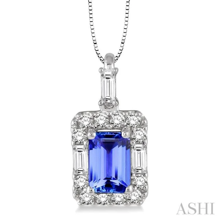 6x4 MM Octagon Cut Tanzanite and 1/3 Ctw Round Cut Diamond Precious Pendant in 14K White Gold with Chain