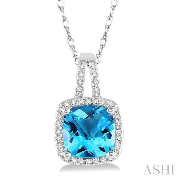 8x8 MM Cushion Shape Blue Topaz and 1/5 Ctw Round Cut Diamond Pendant in 10K White Gold with Chain