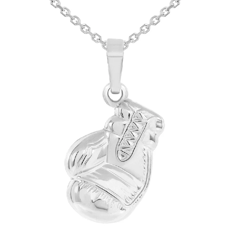 High Polish 14k White Gold 3D Single Boxing Glove Charm Sports Pendant Necklace