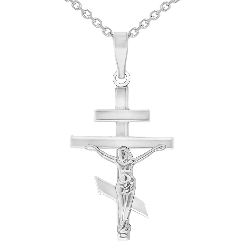 High Polish 14k White Gold Russian Orthodox Cross Crucifix Pendant Necklace