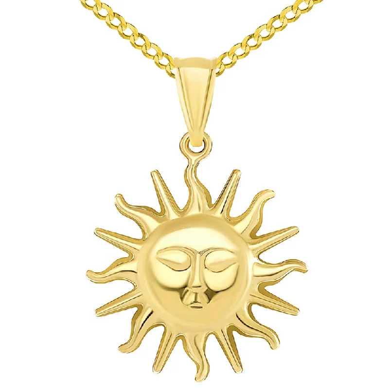 High Polish 14k Yellow Gold 2D Sixteen Rays Sun Face Pendant with Curb Chain Necklace