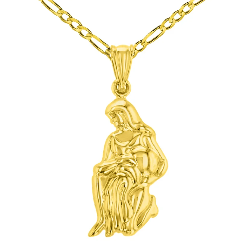 High Polish 14k Yellow Gold 3D Aquarius Water-Bearer Zodiac Sign Charm Pendant Figaro Chain Necklace