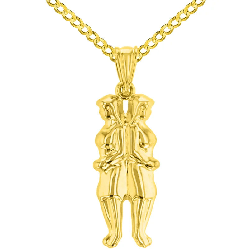 High Polish 14k Yellow Gold 3D Gemini Twins Zodiac Sign Pendant with Cuban Curb Chain Necklace