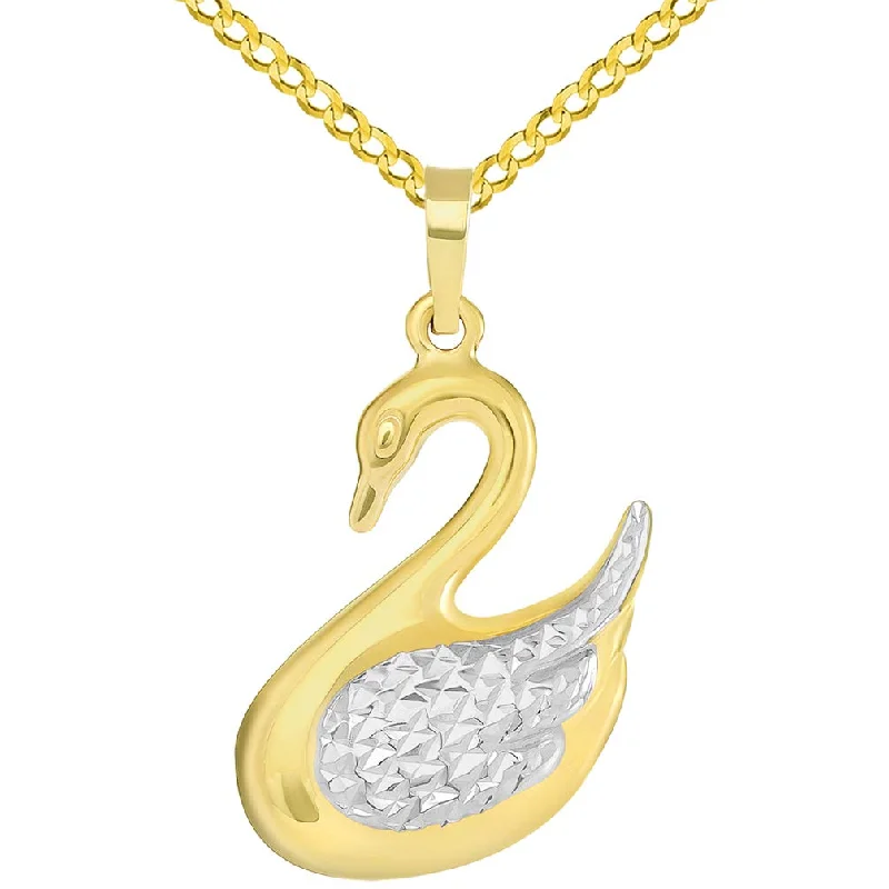 High Polish 14k Yellow Gold 3D Swan Animal Pendant with Curb Chain Necklace (Reversible)