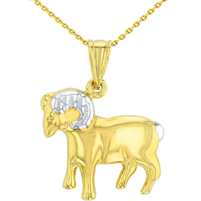 High Polish 14K Yellow Gold Aries Zodiac Sign Pendant Ram Charm Necklace