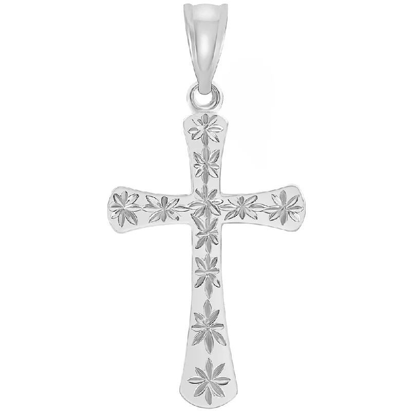 High Polished 14k White Gold Textured Star Cut Religious Cross Pendant