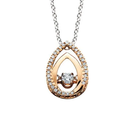 This drop or pear shaped diamond pendant is part of the Diamond Dancer collection, a line of moving diamond jewelry. The center stone is set away from the skin so it constantly shimmy and shakes, dancing with the wearer's slightest movement. The pend...