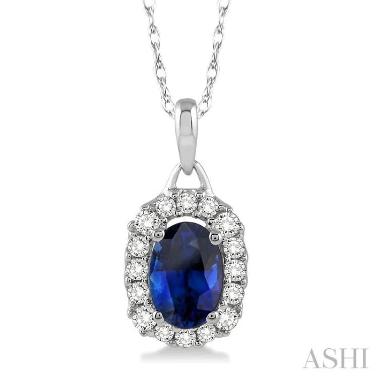 6x4 MM Oval Cut Sapphire and 1/6 Ctw Round Cut Diamond Precious Pendant in 14K White Gold with Chain