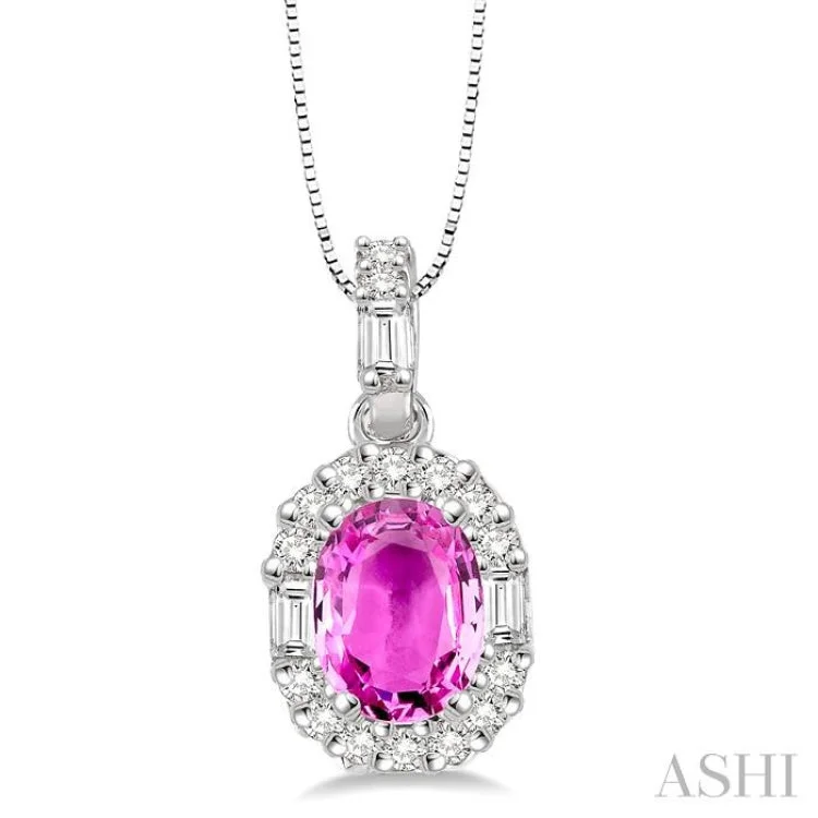 6x4 MM Oval Shape Pink Sapphire and 1/4 Ctw Diamond Precious Pendant in 14K White Gold with Chain