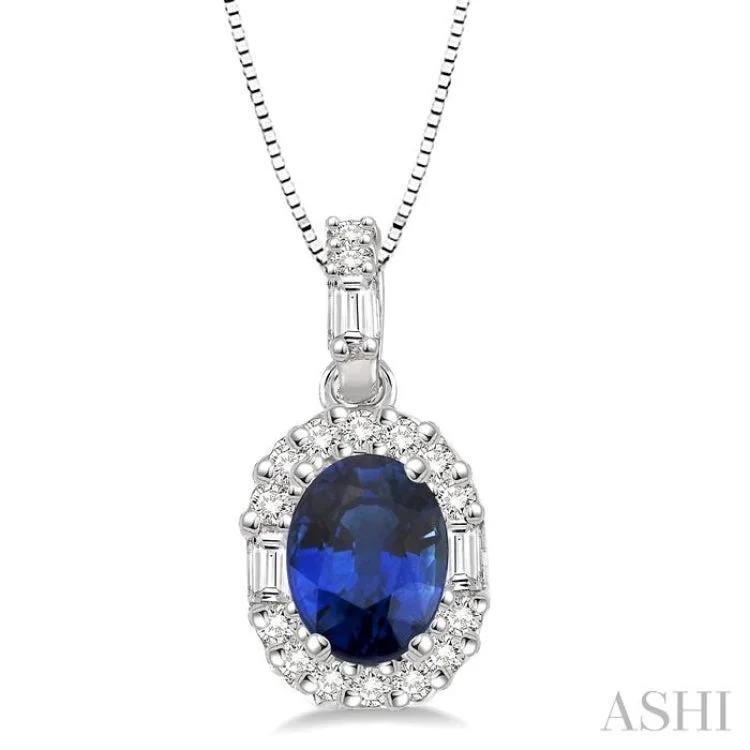 6x4 MM Oval Shape Sapphire and 1/4 Ctw Diamond Precious Pendant in 14K White Gold with Chain