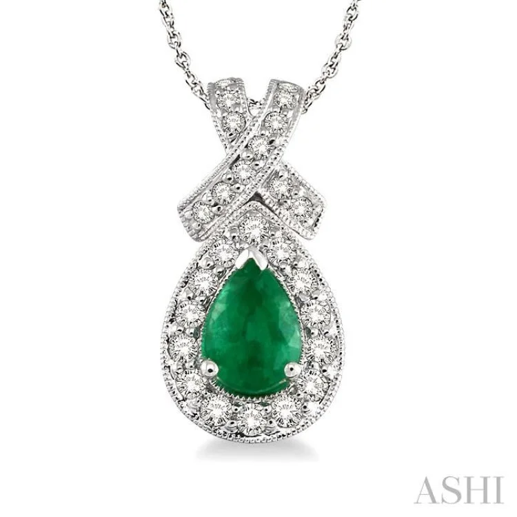 7x5mm Pear Shape Emerald and 1/2 Ctw Round Diamond Precious Pendant in 14K White Gold with chain