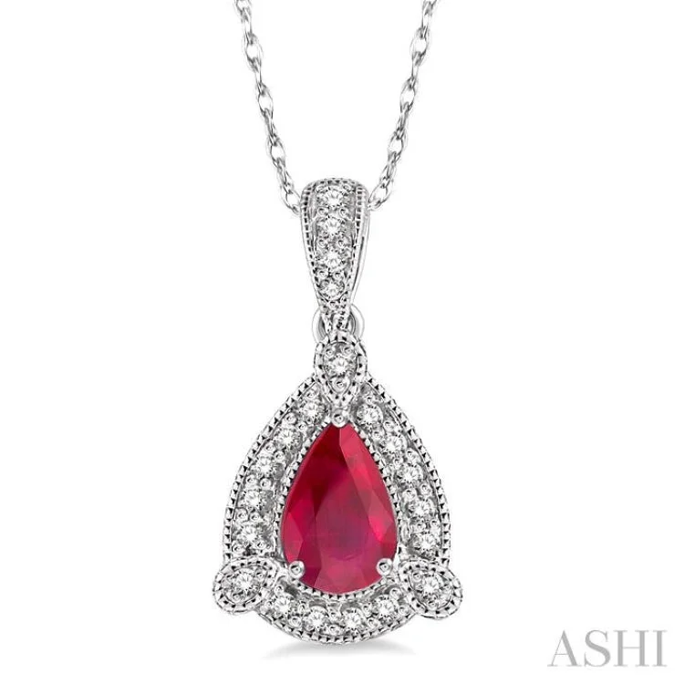 6x4  MM Pear Shape Ruby and 1/10 Ctw Round Cut Diamond Pendant in 14K White Gold with Chain