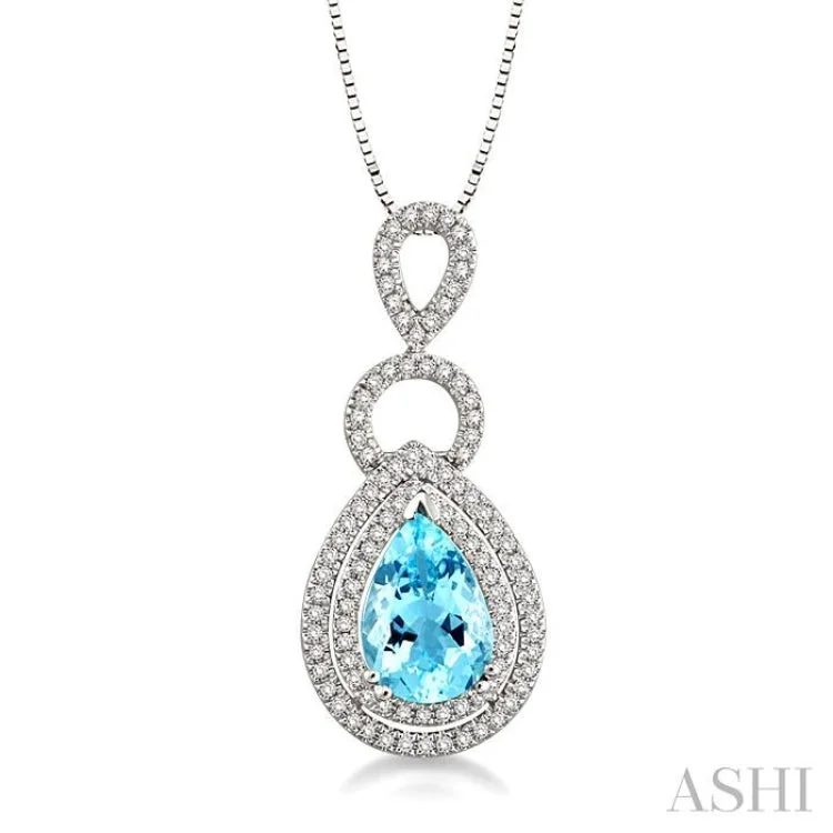 10x7mm Pear Shape Aquamarine and 1/3 Ctw Round Cut Diamond Semi Precious Pendant in 14K White Gold with Chain