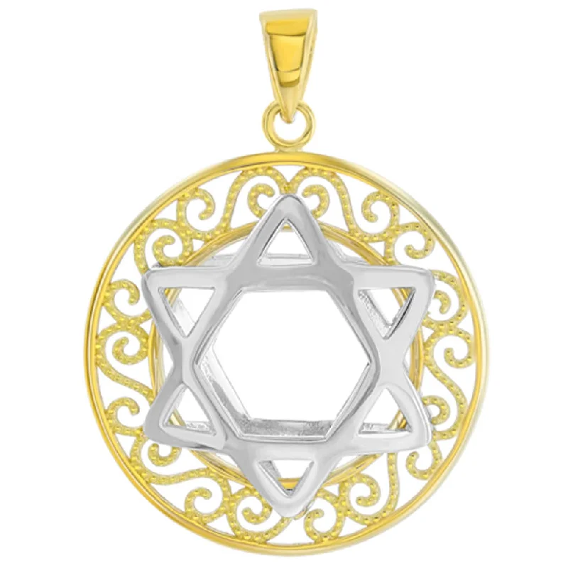 Polished 14K Two Tone Gold Round Filigree Star of David 3D Charm Pendant