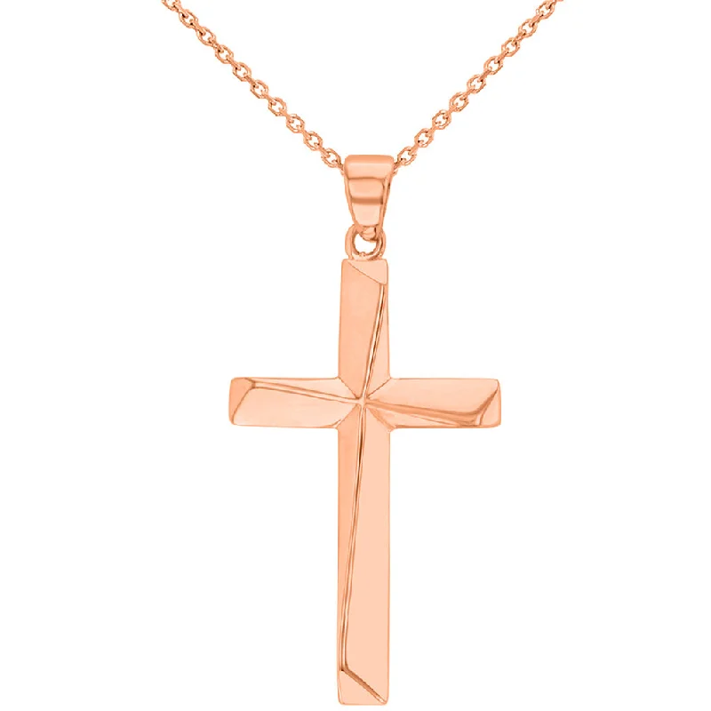 Solid 14K Rose Gold Elegant Religious Plain Cross Pendant Necklace