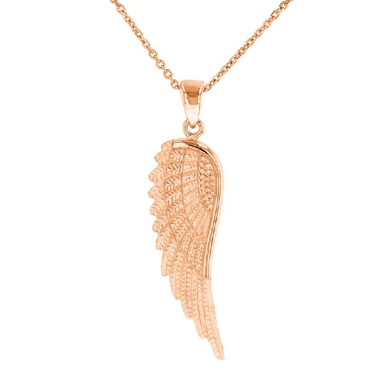 Solid 14k Rose Gold Textured Angel Wing Charm Pendant Necklace