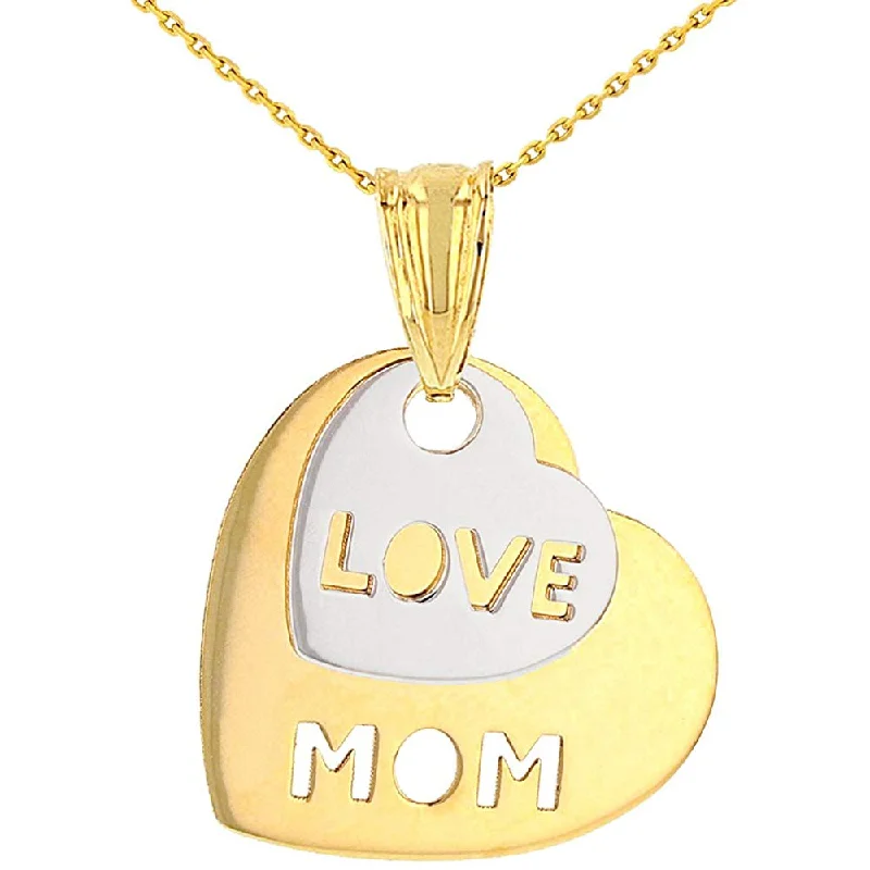 Solid 14K Two-Tone Gold Love Mom Double Heart Pendant Necklace