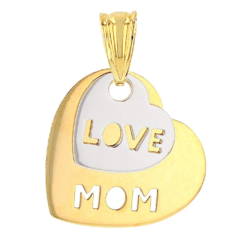 Solid 14K Two-Tone Gold Love Mom Double Heart Pendant with High Polish