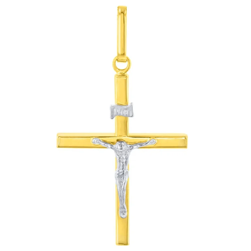 Solid 14K Two-Tone Gold Slender Cross INRI Crucifix Charm Pendant