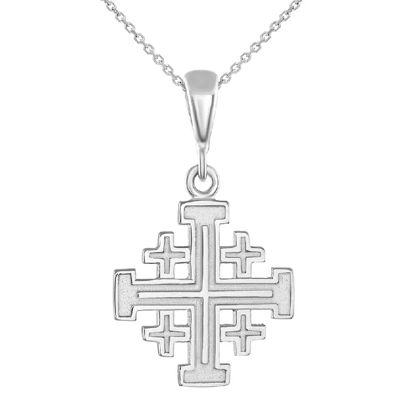 Solid 14K White Gold Crusaders Jerusalem Cross Pendant Necklace