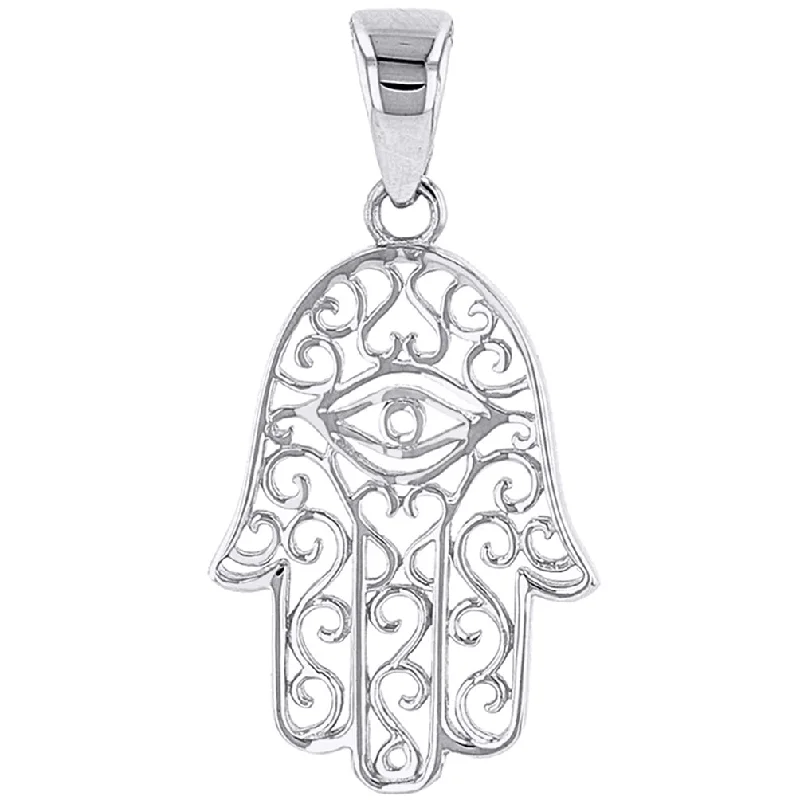 Solid 14K White Gold Filigree Hamsa Hand of Fatima with Evil Eye Charm Pendant