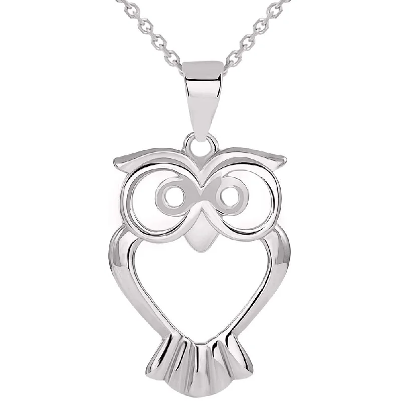 Solid 14k White Gold Open Big Eyes Owl Animal Pendant Necklace