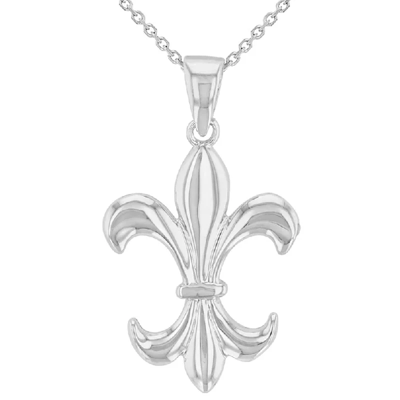 Solid 14K White Gold Simple Fleur de Lis Charm Pendant Necklace