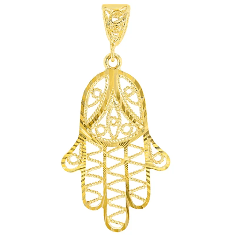 Solid 14K Yellow Gold Filigree Hamsa Charm Hand of God Pendant with Texture Finish