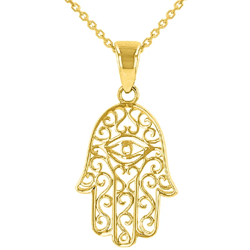 Solid 14K Yellow Gold Filigree Hamsa Hand of Fatima with Evil Eye Pendant Necklace