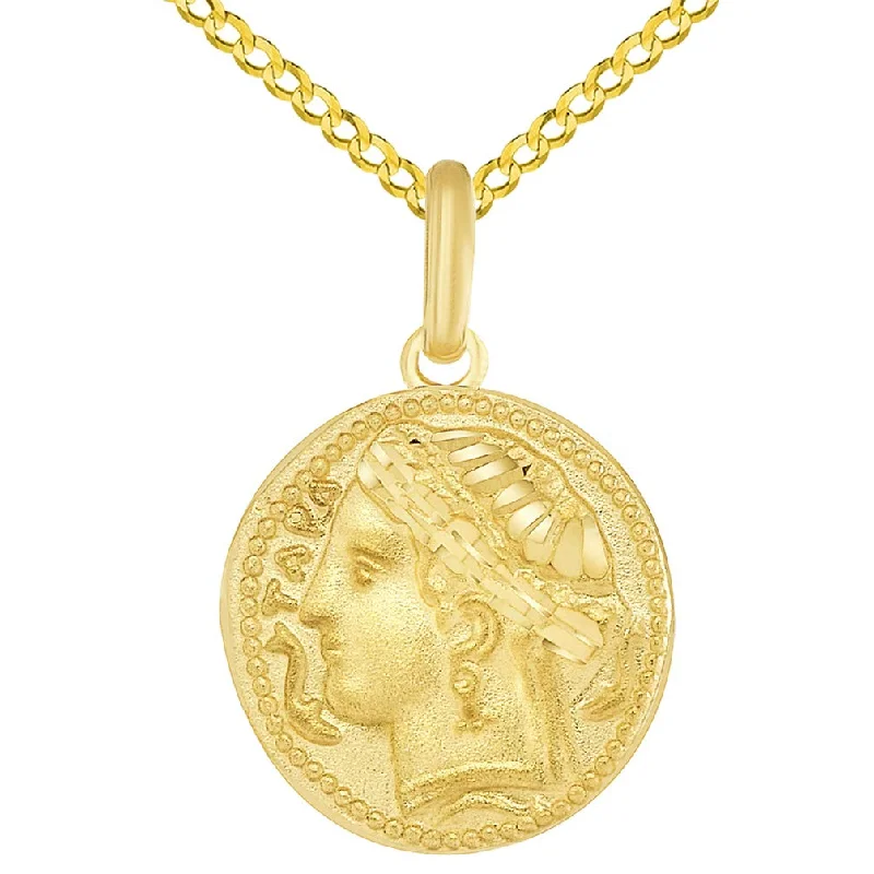 Solid 14k Yellow Gold Greek Arethusa Charm Calabria Taranto Pendant with Curb Chain Necklace