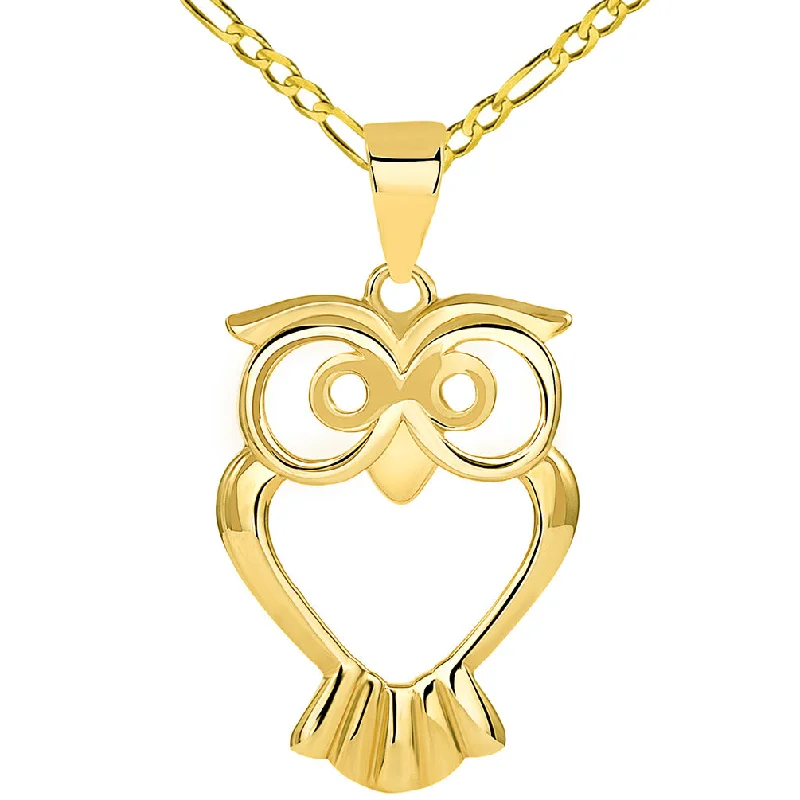 Solid 14K Yellow Gold Open Big Eyes Owl Animal Pendant with Figaro Chain Necklace