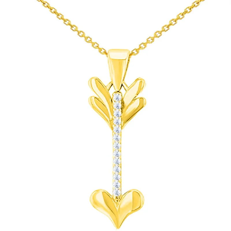 Solid 14K Yellow Gold Reversible CZ Love Arrow Pendant Necklace