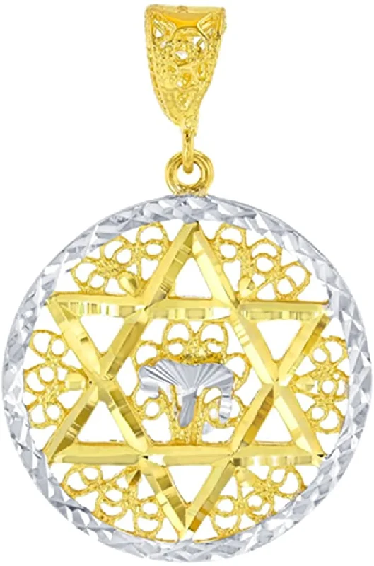 Solid 14k Yellow Gold Round Filigree Star of David with Chai Symbol Pendant with Diamond Cut Design