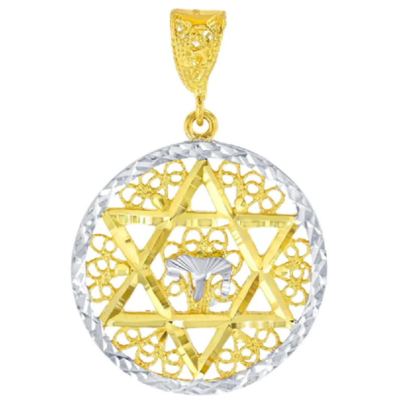 Solid 14K Yellow Gold Round Filigree Star of David with Chai Symbol Pendant