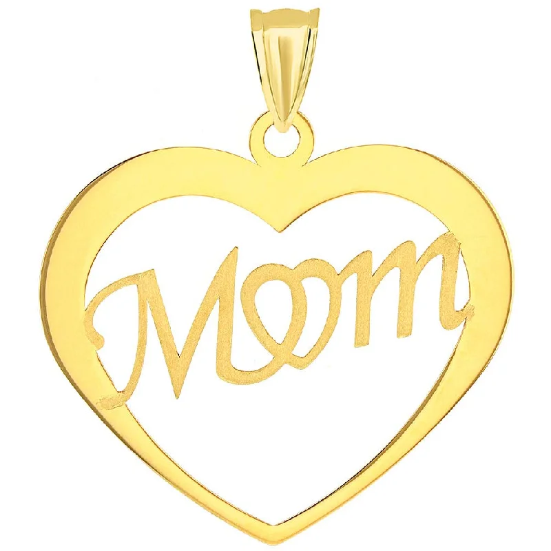 Solid 14K Yellow Gold Scripted Mom Heart Pendant