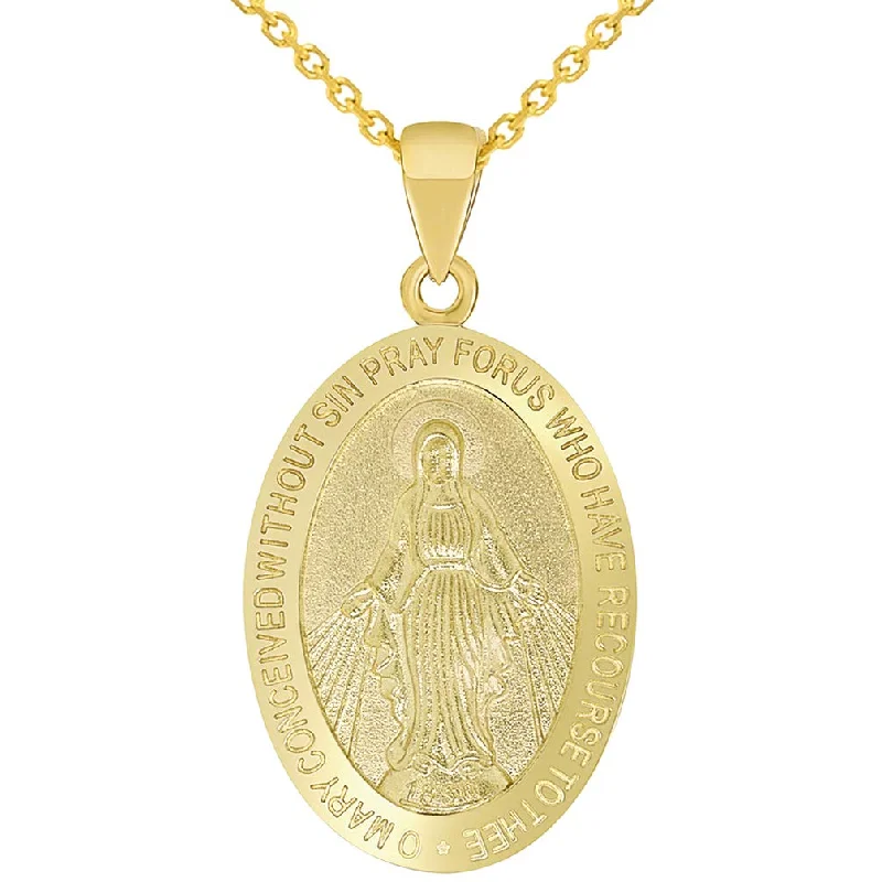 Solid 14k Yellow Gold Small Classic Miraculous Medallion of the Virgin Mary Pendant with Cable Chain Necklace