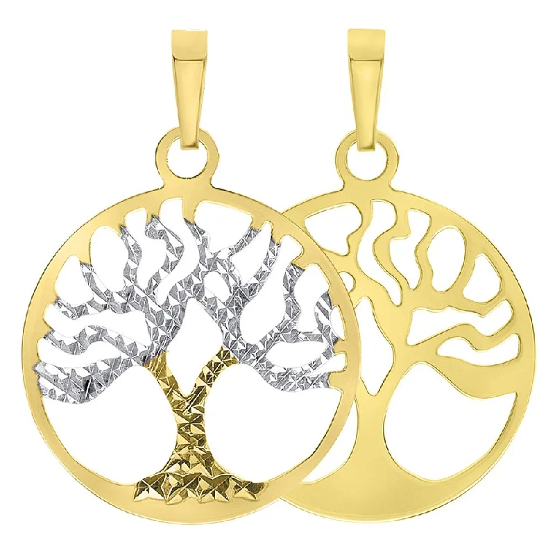 Solid 14K Yellow Gold Textured Reversible Round Tree of Life Charm Pendant