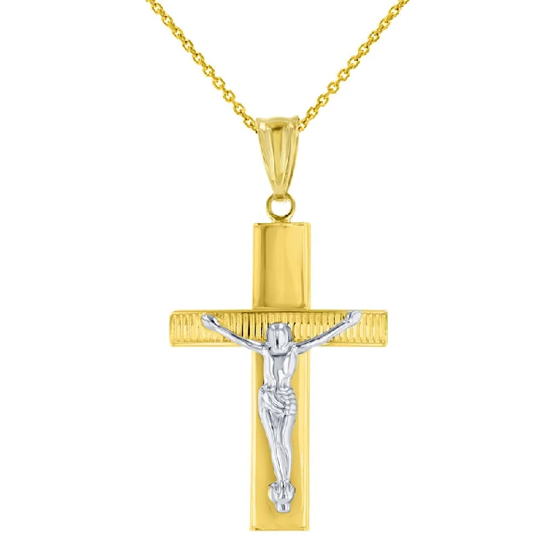 Textured 14K Two-Tone Gold Catholic Cross Crucifix with Jesus Christ Pendant Necklace