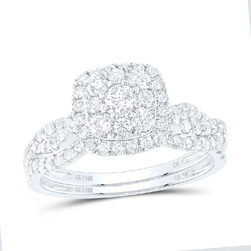 10kt White Gold Round Diamond Square Cluster Bridal Wedding Ring Band Set 1 Cttw