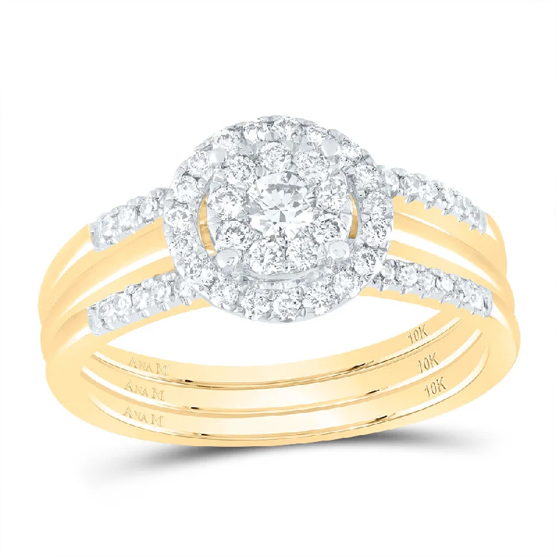 10kt Yellow Gold Round Diamond 3-Piece Bridal Wedding Ring Band Set 1/2 Cttw