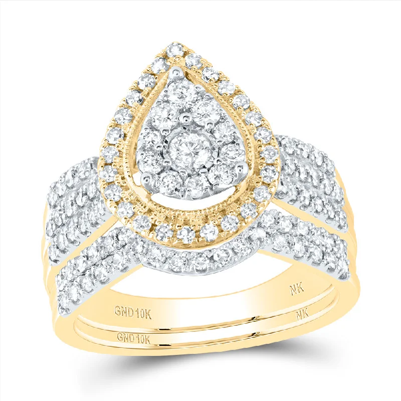 10kt Yellow Gold Round Diamond Pear-shape Bridal Wedding Ring Band Set 1 Cttw