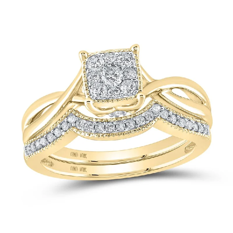 10kt Yellow Gold Round Diamond Square Bridal Wedding Ring Band Set 1/3 Cttw