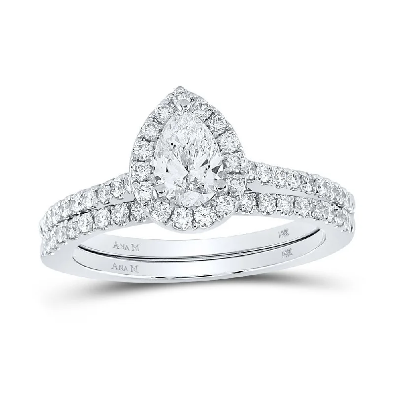 14kt White Gold Pear Diamond Halo Bridal Wedding Ring Band Set 1 Cttw